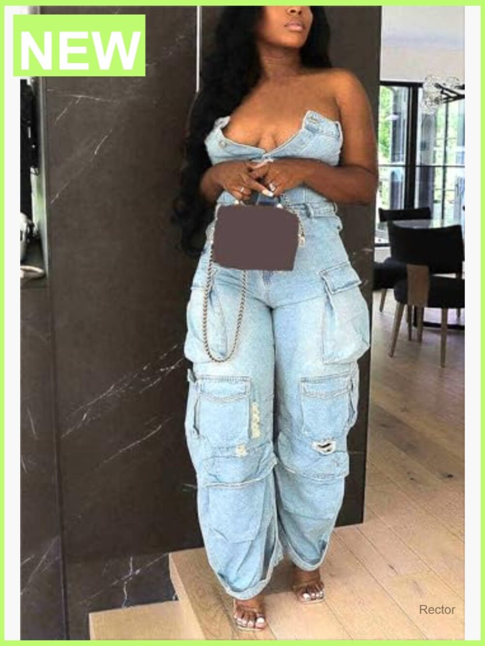 Cargo Denim Jumpsuit with Pockets, Stretch, Button Down - Picture 6 of 7